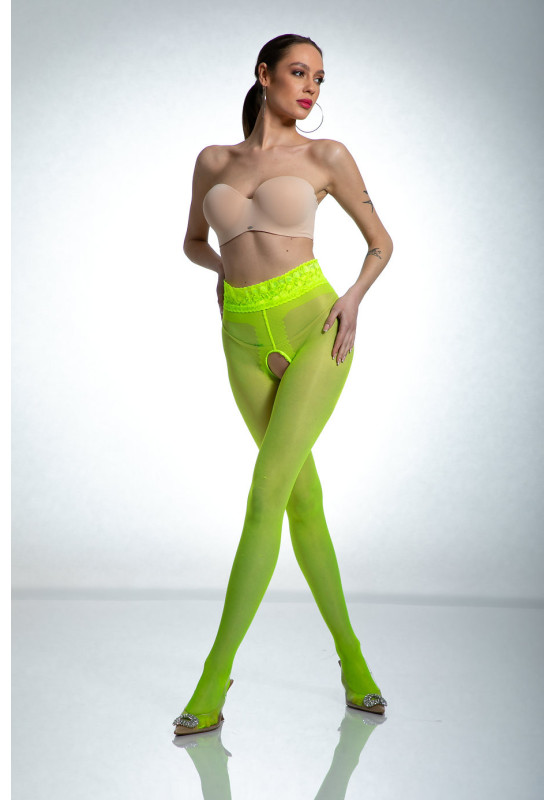 Amour Hip Lace punčochové kalhoty s otevřeným rozkrokem Fluo žluté