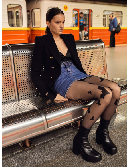 Černé halloweenské punčochy Fiore Hello Gotham s netopýry