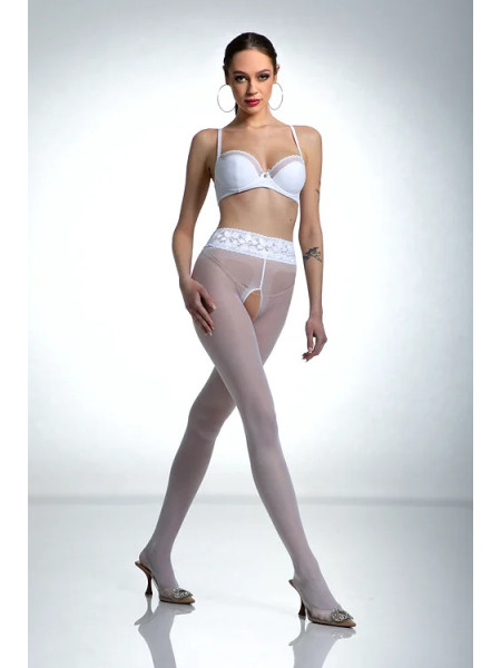 Bílé punčochové kalhoty Amour Hip Lace s dírkou v rozkroku a krajkou