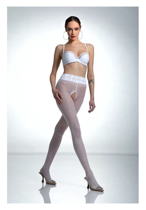 Bílé punčochové kalhoty Amour Hip Lace s dírkou v rozkroku a krajkou