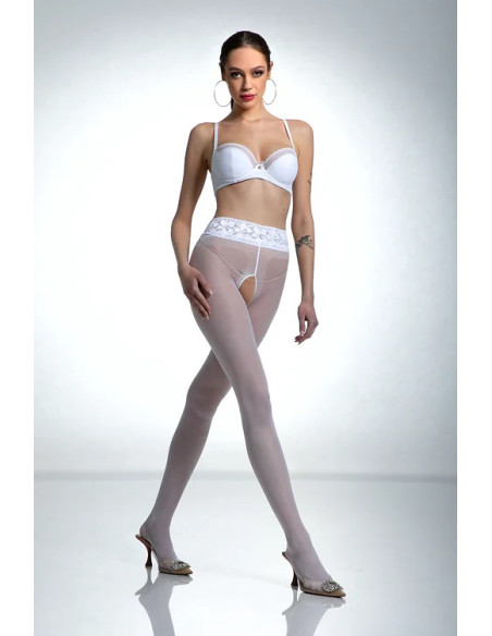 Bílé punčochové kalhoty Amour Hip Lace s dírkou v rozkroku a krajkou