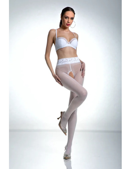 Bílé punčochové kalhoty Amour Hip Lace s dírkou v rozkroku a krajkou