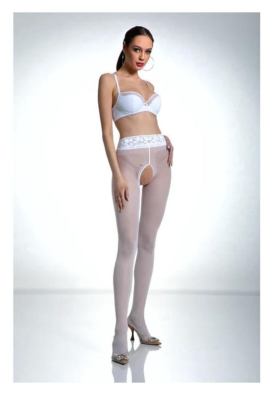 Bílé punčochové kalhoty Amour Hip Lace s dírkou v rozkroku a krajkou