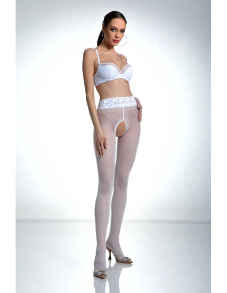 Bílé punčochové kalhoty Amour Hip Lace s dírkou v rozkroku a krajkou